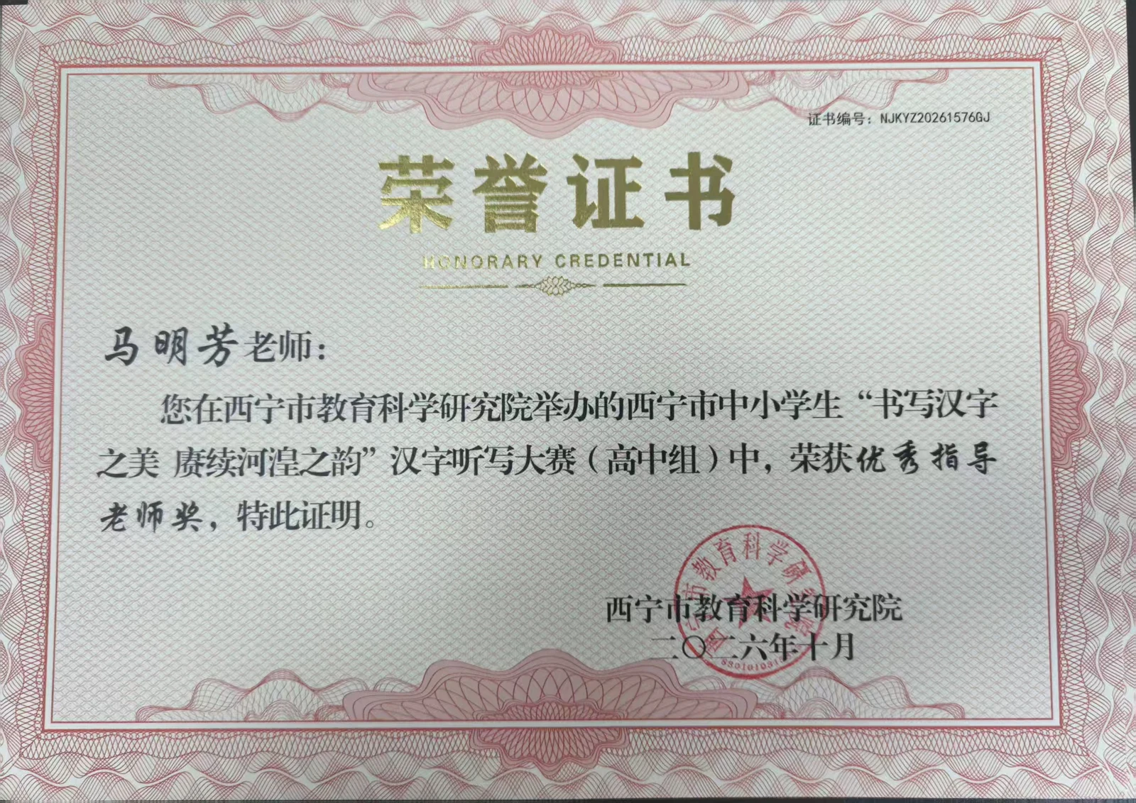 马明芳老师 · 优秀指导老师奖